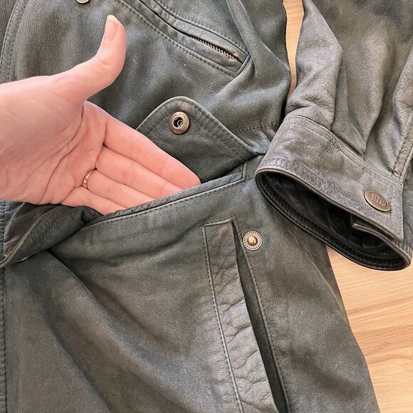 Vintage 80s 90s Grunge 100% Leather Worn Forest Green Heavy Coat Jacket Men's M - Picture 10 of 14